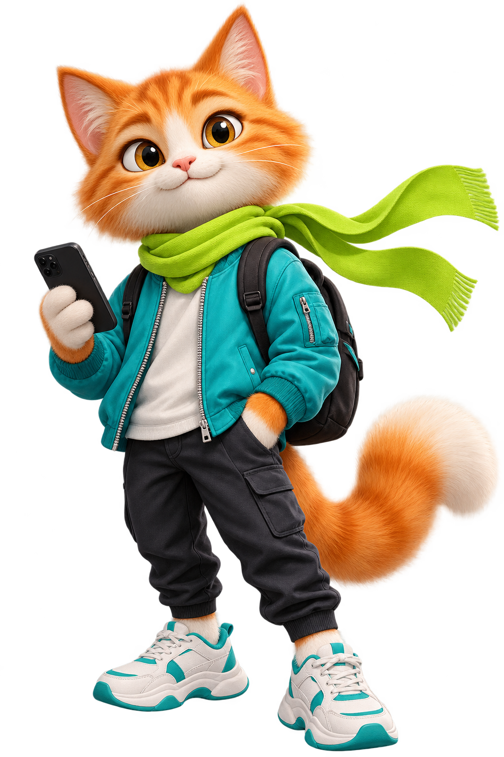 Beluga's curious cat mascot in a turquoise jacket and lime scarf, holding a phone